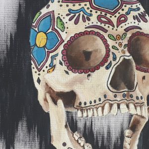 Close up preview of a detailed skull with floral patterns painted on. The skull is laying against a black and white static effect background.